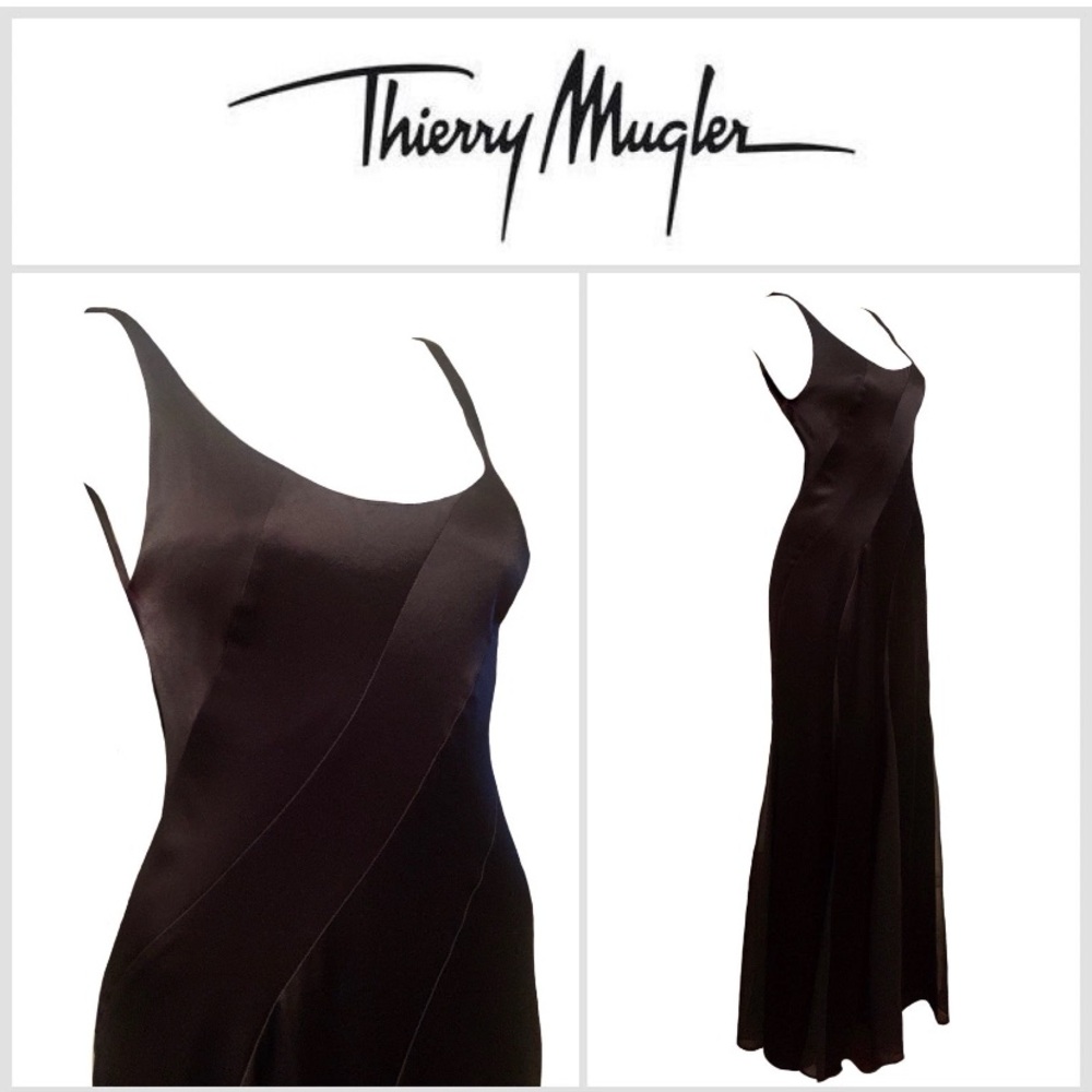 THIERRY MUGLER Vintage Black Satin & Sheer Gown Dress 1990s Size 40